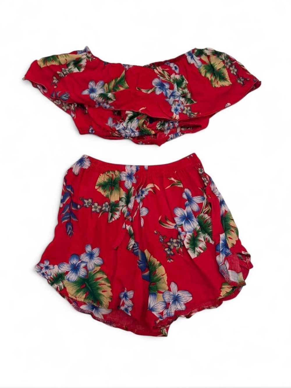 Red Floral Off-Shoulder Crop Top and Shorts Set